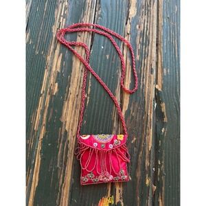 IN'S Red Beaded Mini Crossbody Bag‎ Floral Embroidery Satin Festival Pouch Boho